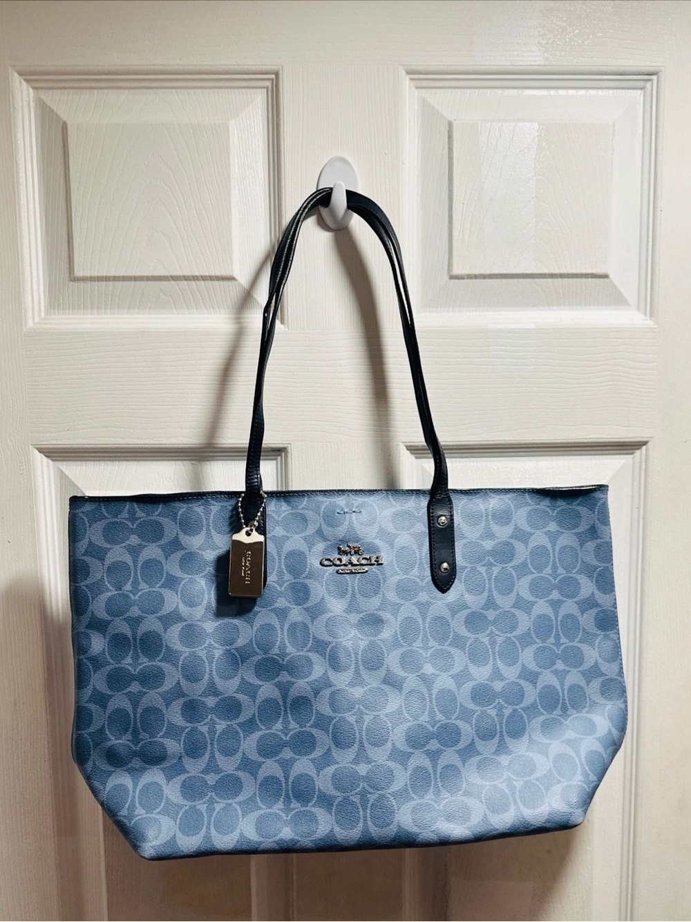 Coach Blue Signature Jacquard Tote with Black Straps - Picture 2 of 3